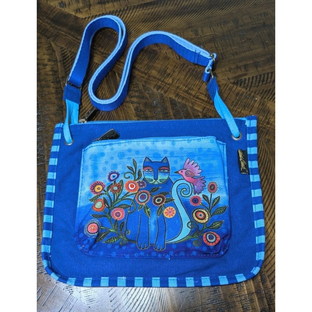 Laurel Burch Cerulean Blue Cat Flowers Small Crossbody Bag Front Zip Pocket